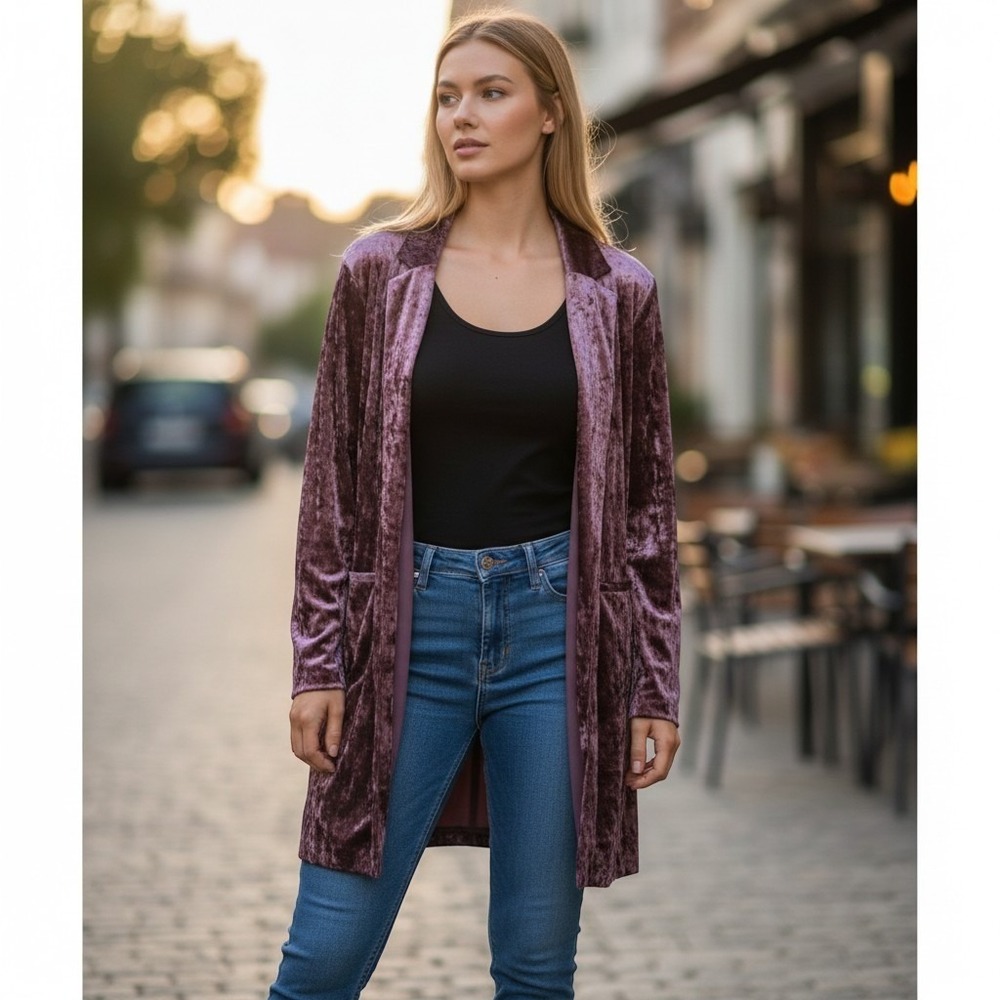 Cato Mauve Crushed Velvet Open Front Duster Cardigan Blazer M Whimsigoth 1047